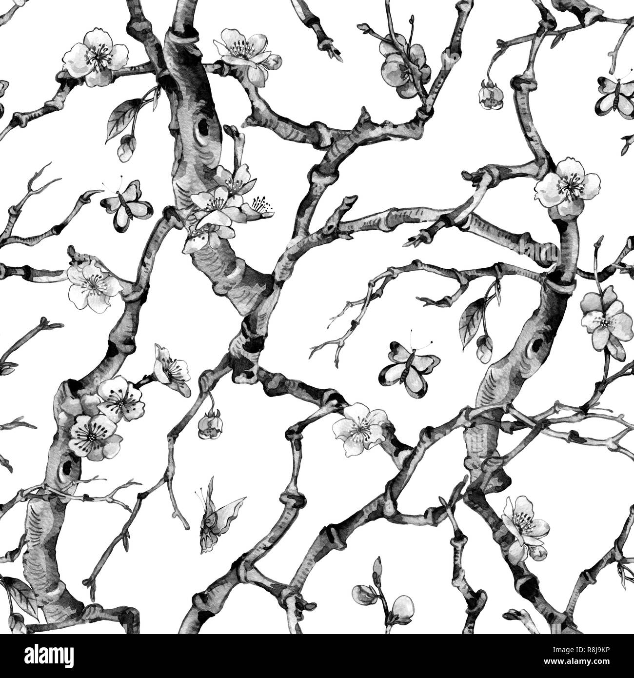 ```black and white watercolor spring garden seamless pattern with flowers blooming branches of cherry, peach, pear, sakura, apple trees and butterflie Stock Photo